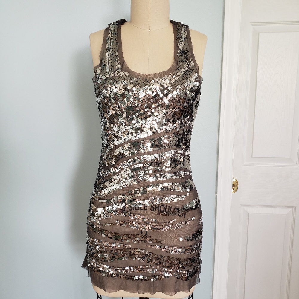 Body Central Gray Mesh Silver Sequin Top, S
